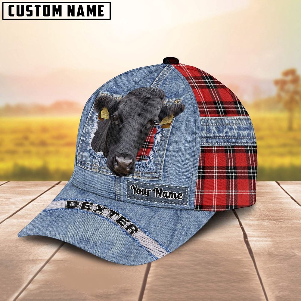 Adeenyc Dexter Overall Jeans Pattern And Red Caro Pattern Customized Name Cap, Farm Cap, Farmer Baseball Cap, Cow Cap, Cow Gift, Farm Animal Hat Trucker Hats Custom Hats Gifts For Men & Women