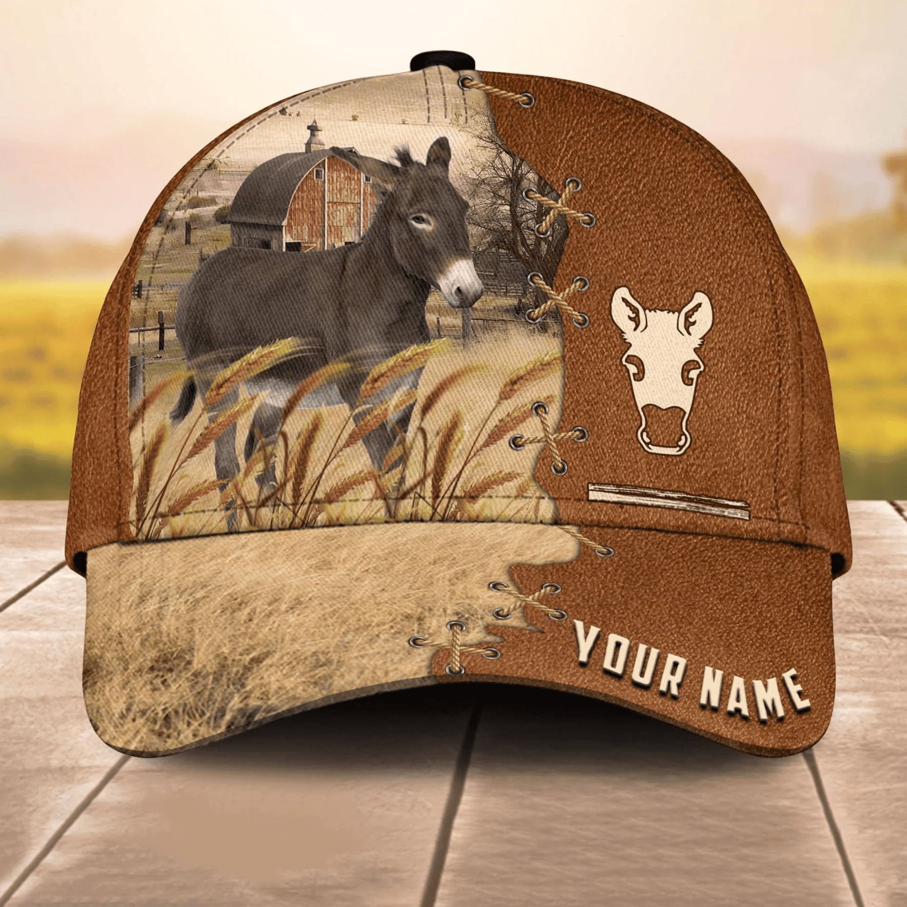 Adeenyc Donkey Custom Name Brown Leather Pattern 3D Cap 3D All Over Print Baseball Cap, Cap For Farm Lovers, Animal Cap, Leather Pattern Cap Trucker Hats Custom Hats Gifts For Men & Women