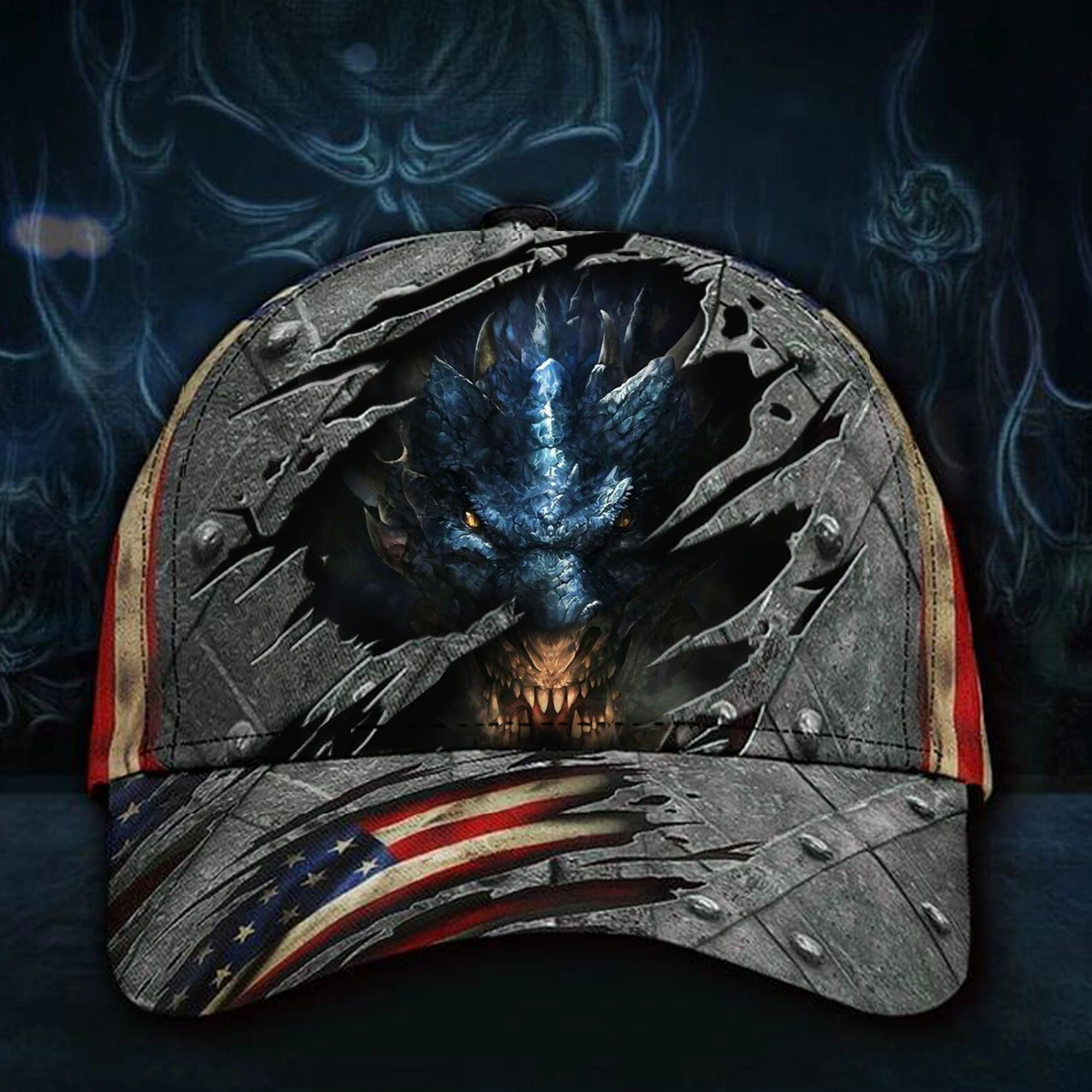 Adeenyc Dragon Face 3D Hat Old Retro Classic Cap US Flag For Men Patriots Vintage Gift For Boyfriend Trucker Hats Custom Hats Gifts For Men & Women