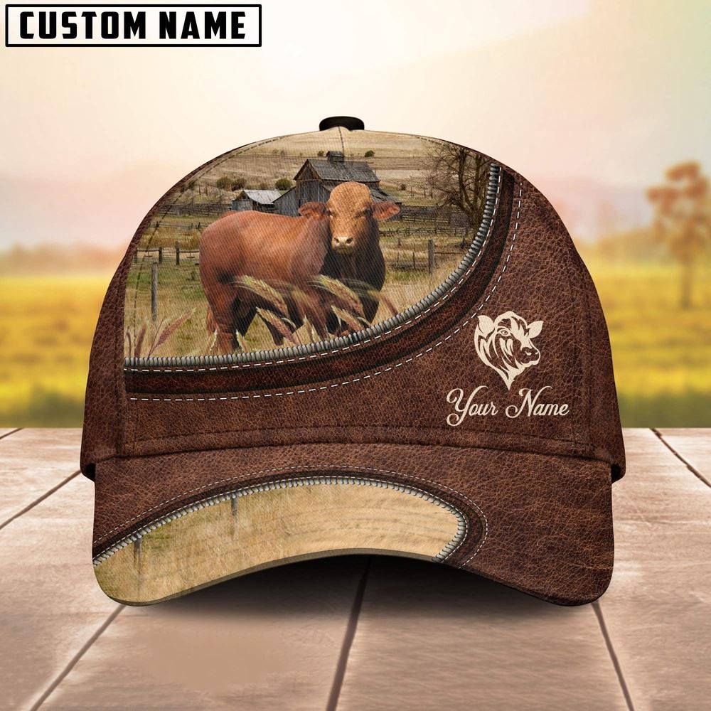 Adeenyc Droughtmaster On The Farm Customized Name Leather Pattern Cap, Farm Cap, Farmer Baseball Cap, Cow Cap, Cow Gift, Farm Animal Hat Trucker Hats Custom Hats Gifts For Men & Women