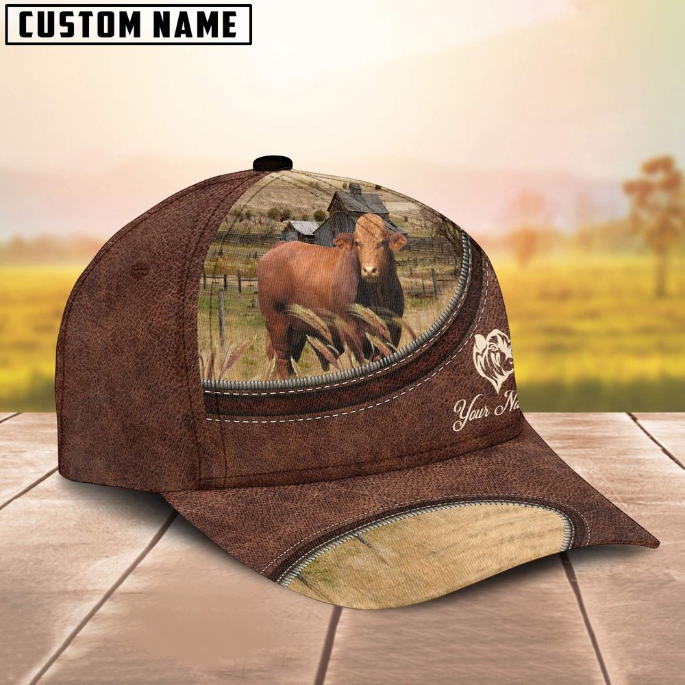 Adeenyc Droughtmaster On The Farm Customized Name Leather Pattern Cap, Farm Cap, Farmer Baseball Cap, Cow Cap, Cow Gift, Farm Animal Hat Trucker Hats Custom Hats Gifts For Men & Women