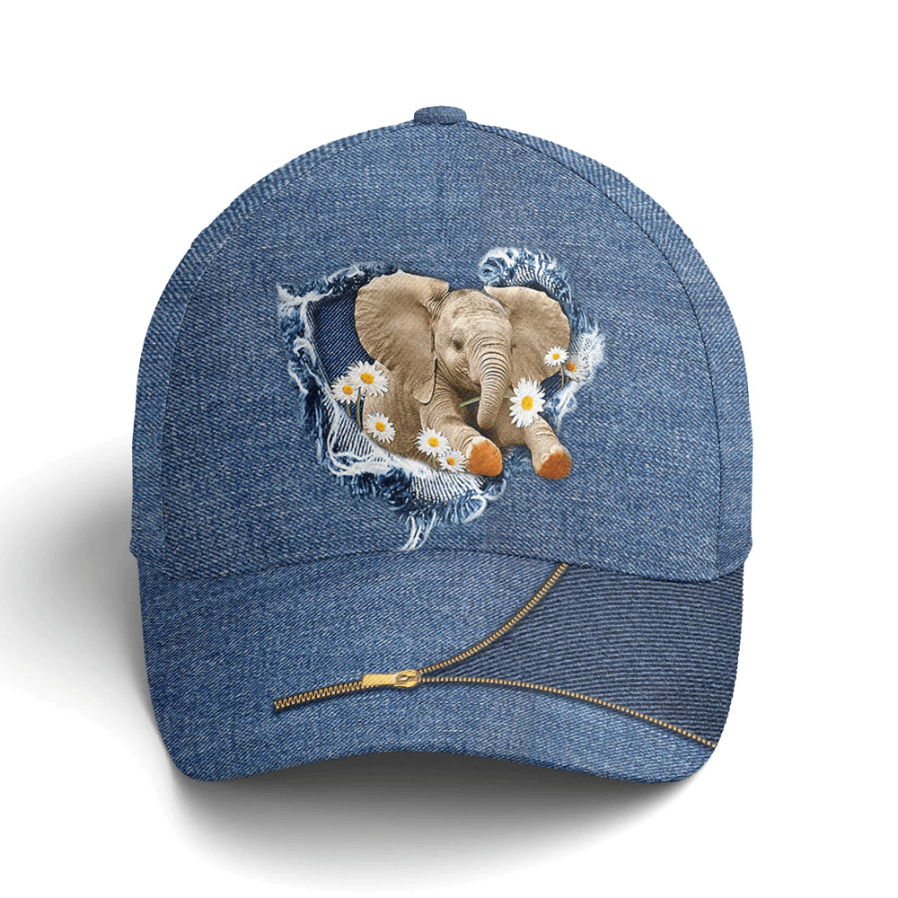 Adeenyc Elephant Daisy Flowers Jean Style Baseball Cap Trucker Hats Custom Hats Gifts For Men & Women