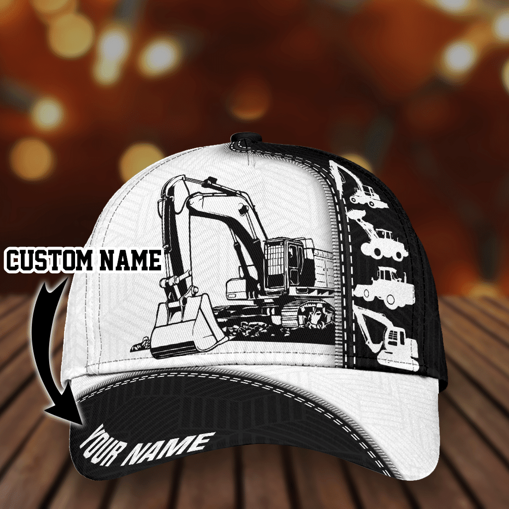Adeenyc - Excavator Black And White Style Personalized Name Custom Name - Classic Cap Baseball Hat Trucker Hats Custom Hats Gifts For Men & Women
