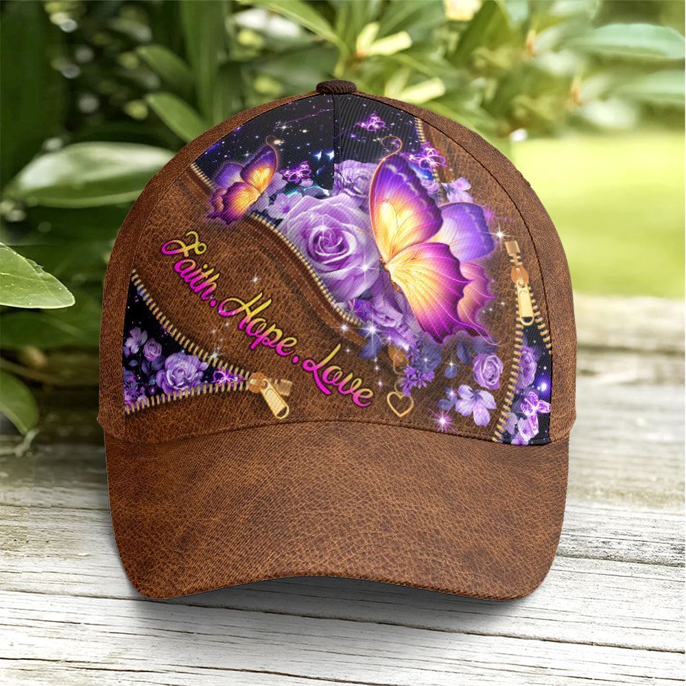 Adeenyc Faith Hope Love Magical Butterfly Purple Roses Leather Style All Over Print Baseball Cap, God Baseball Cap, Christian Cap, Christian Hat Trucker Hats Custom Hats Gifts For Men & Women