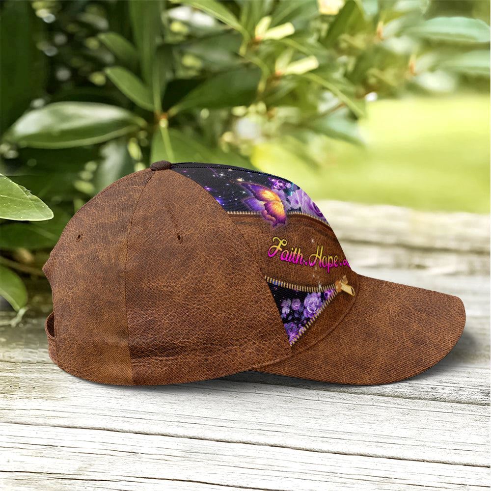 Adeenyc Faith Hope Love Magical Butterfly Purple Roses Leather Style All Over Print Baseball Cap, God Baseball Cap, Christian Cap, Christian Hat Trucker Hats Custom Hats Gifts For Men & Women
