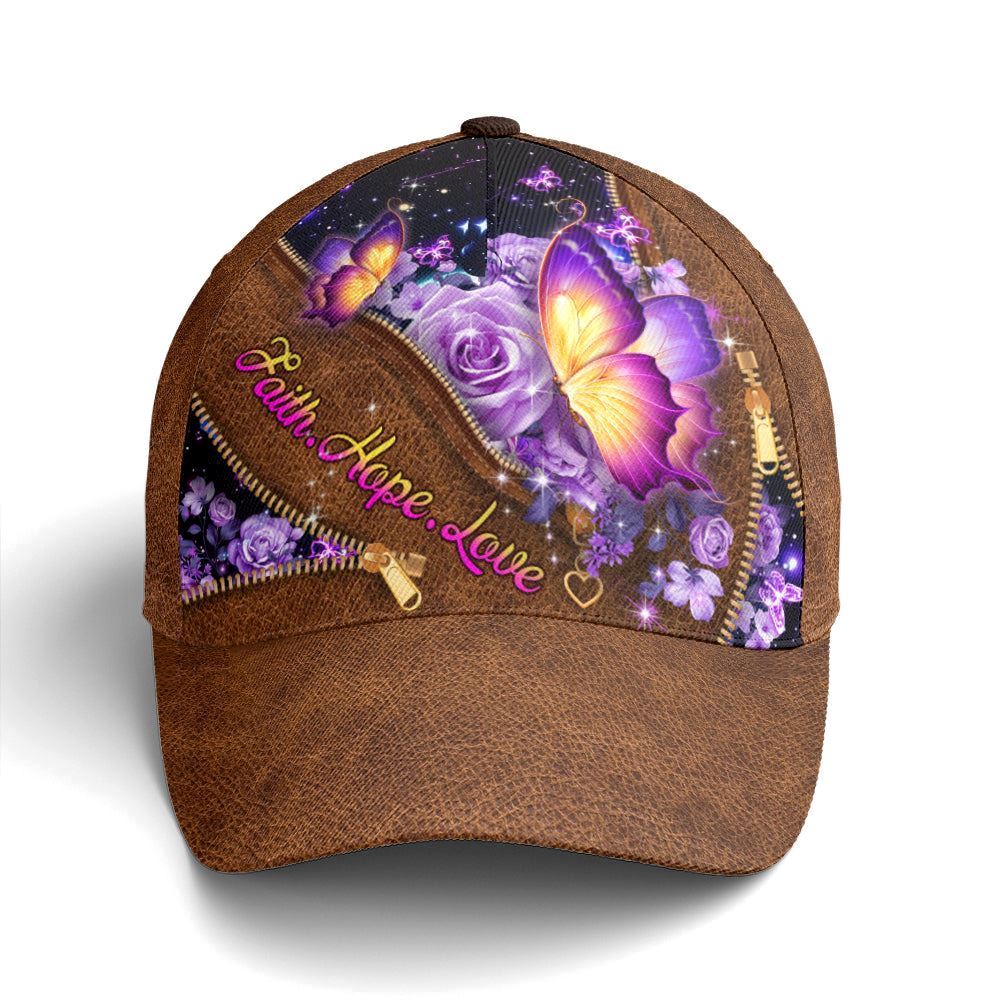 Adeenyc Faith Hope Love Magical Butterfly Purple Roses Leather Style All Over Print Baseball Cap, God Baseball Cap, Christian Cap, Christian Hat Trucker Hats Custom Hats Gifts For Men & Women