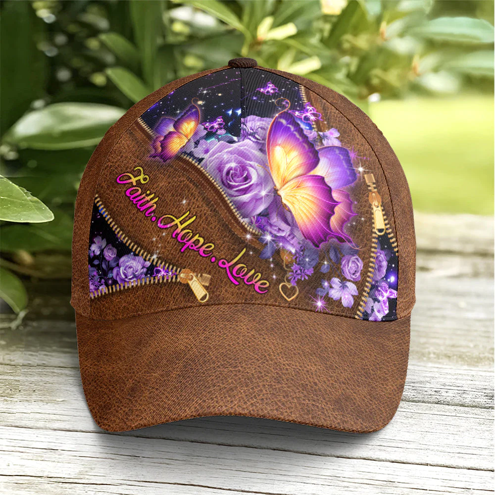 Adeenyc Faith Hope Love Magical Butterfly Purple Roses Leather Style Baseball Cap Trucker Hats Custom Hats Gifts For Men & Women