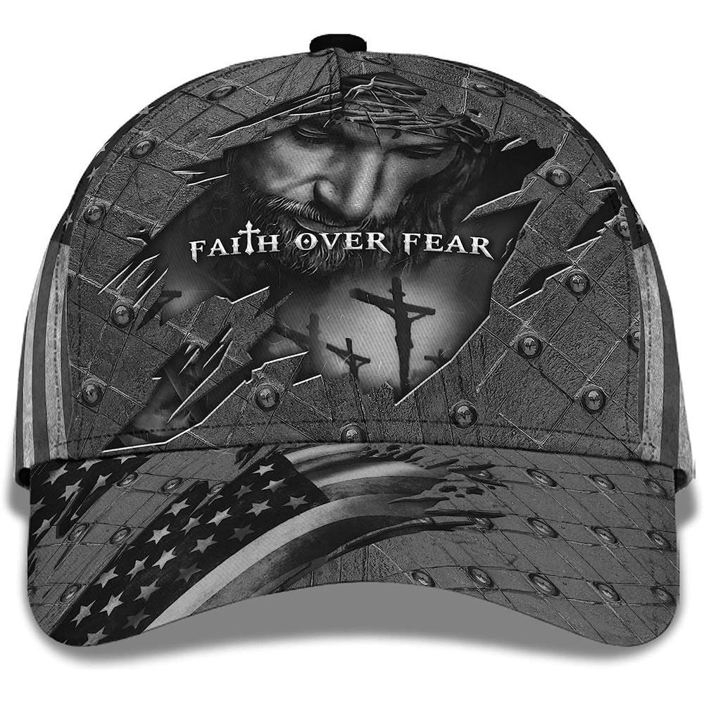 Adeenyc Faith Over Fear God With Cross And American Flag All Over Print Baseball Cap, God Baseball Cap, Christian Cap, Christian Hat Trucker Hats Custom Hats Gifts For Men & Women