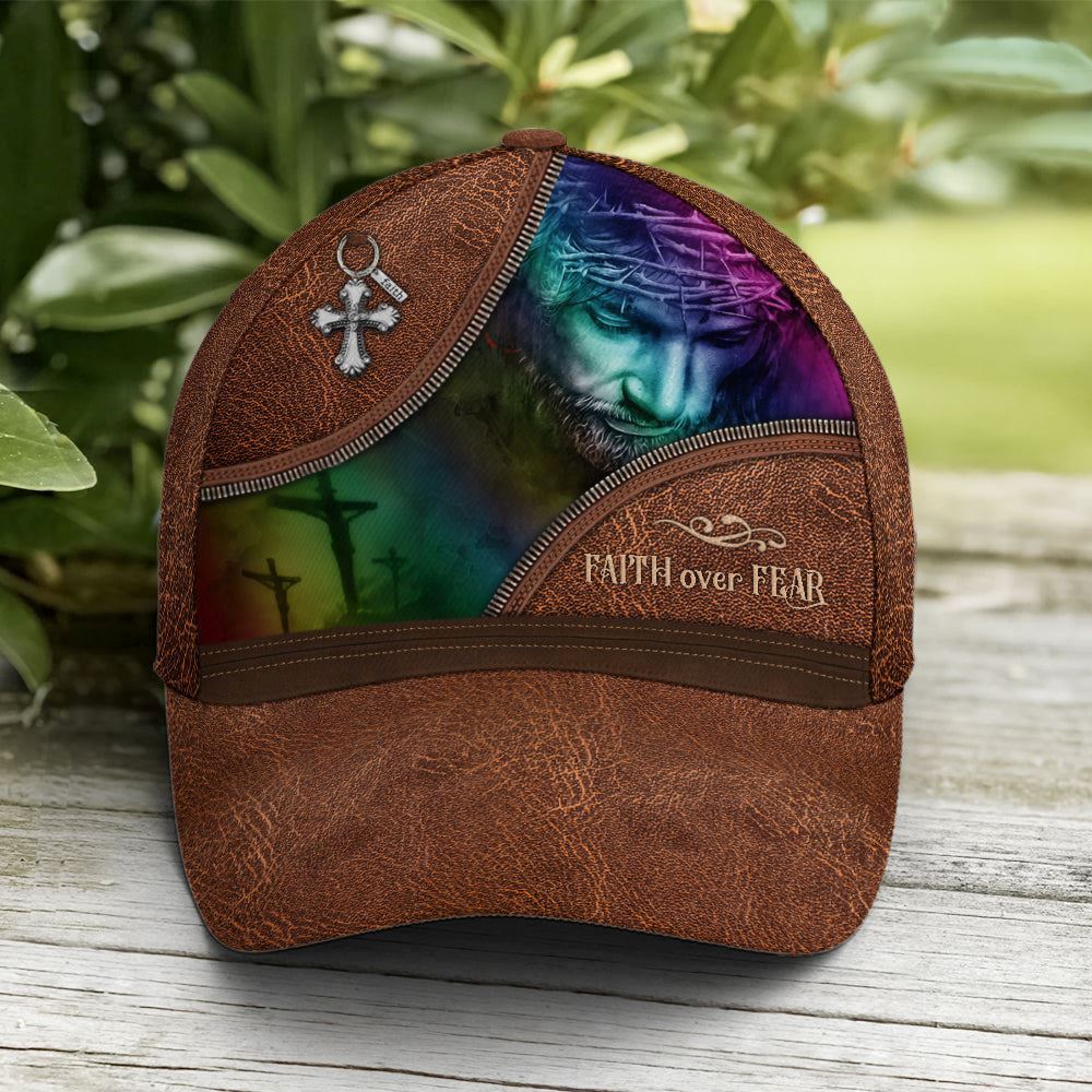 Adeenyc Faith Over Fear Jesus Leather Style All Over Print Baseball Cap, God Baseball Cap, Christian Cap, Christian Hat Trucker Hats Custom Hats Gifts For Men & Women