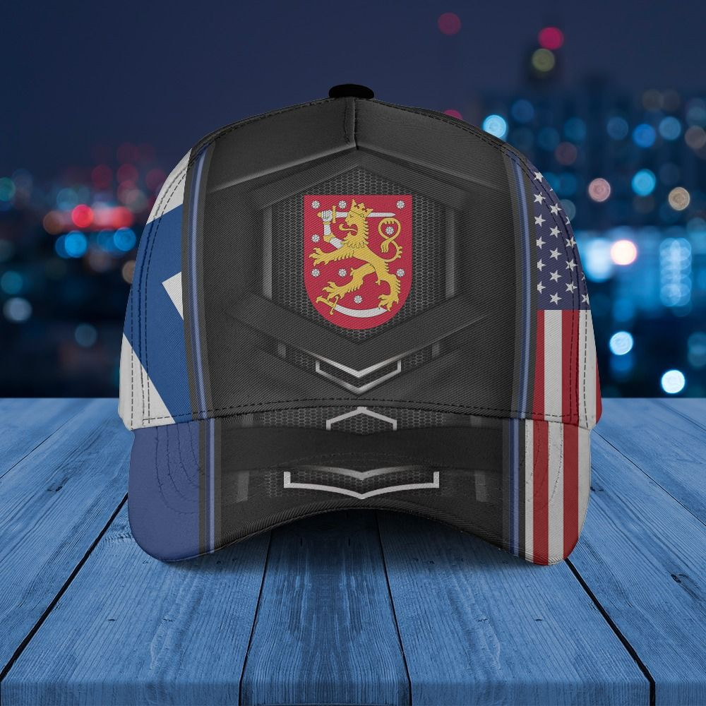 Adeenyc - Finland Coat Of Arms & American Flag Classic Cap Baseball Hat Trucker Hats Custom Hats Gifts For Men & Women