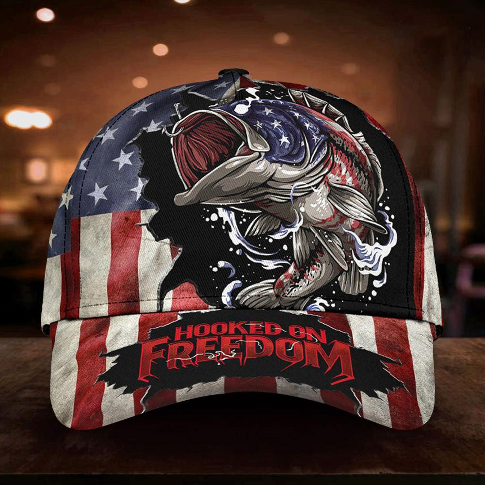 Adeenyc Fish Hooked On Freedom American Flag Cap Patriotic Independence Day Fishing Lover Gift Classic Cap Trucker Hats Custom Hats Gifts For Men & Women