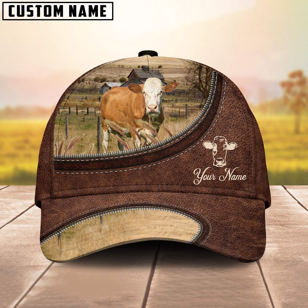 Adeenyc Fleckvieh On The Farm Customized Name Leather Pattern Cap, Farm Cap, Farmer Baseball Cap, Cow Cap, Cow Gift, Farm Animal Hat Trucker Hats Custom Hats Gifts For Men & Women