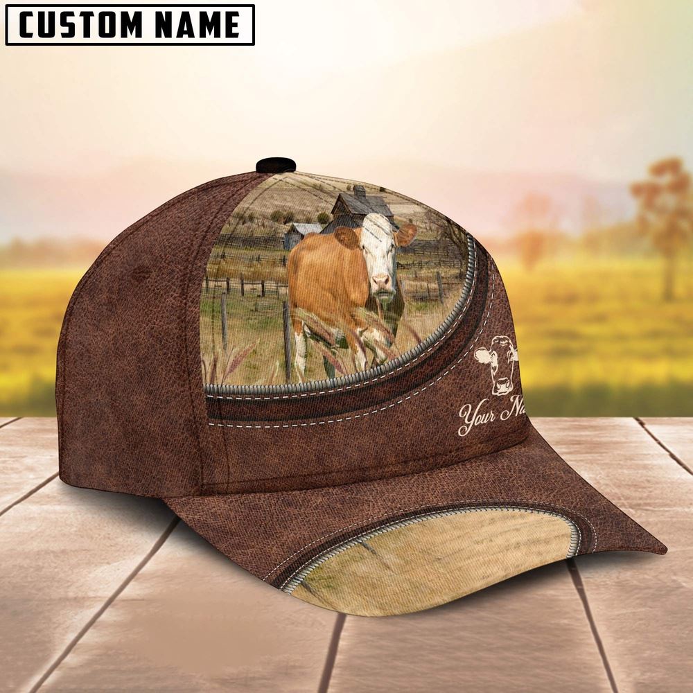 Adeenyc Fleckvieh On The Farm Customized Name Leather Pattern Cap, Farm Cap, Farmer Baseball Cap, Cow Cap, Cow Gift, Farm Animal Hat Trucker Hats Custom Hats Gifts For Men & Women