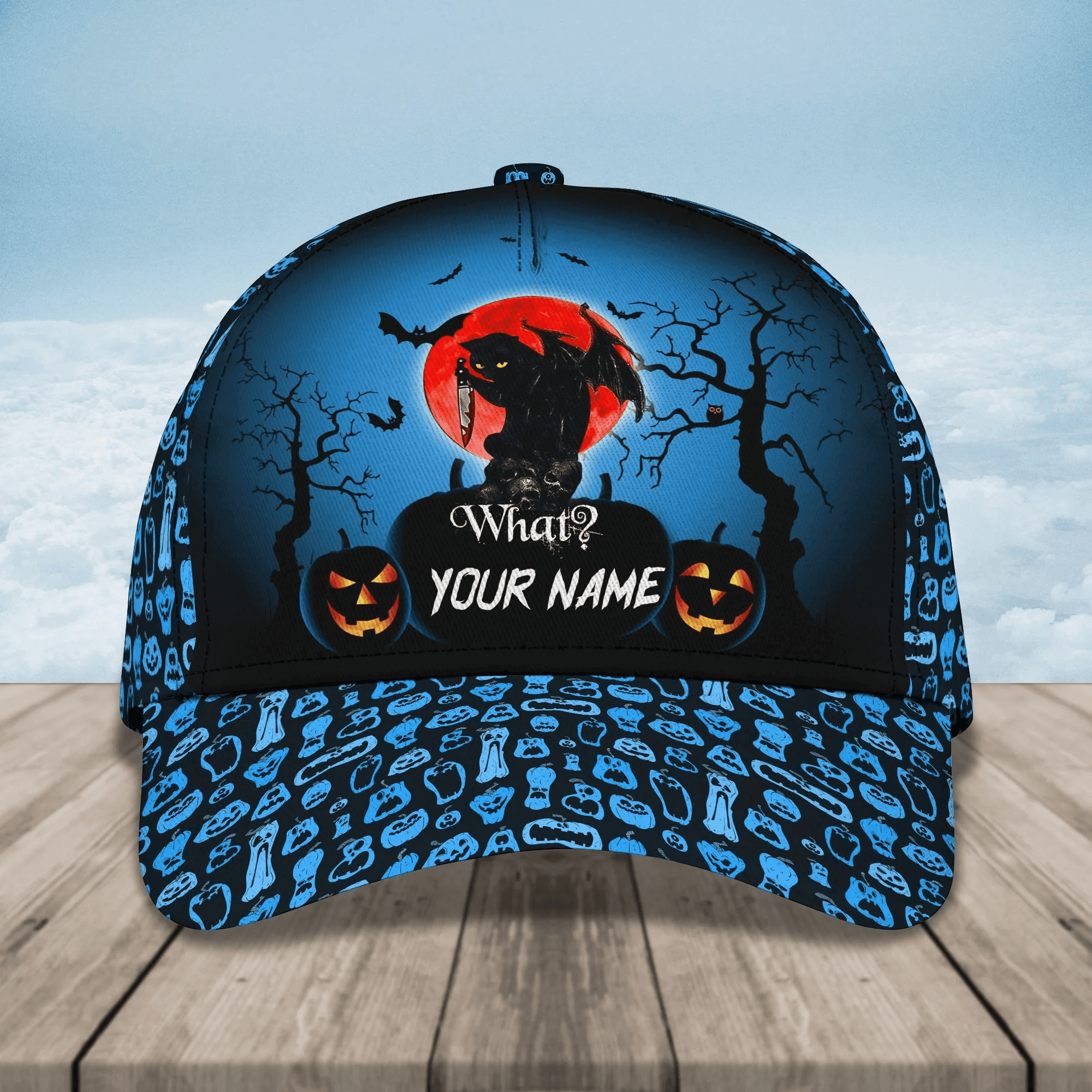 Adeenyc Funny Cat Holding Knife Halloween Hats Custom Name Baseball Cap Halloween Gifts Trucker Hats Custom Hats Gifts For Men & Women