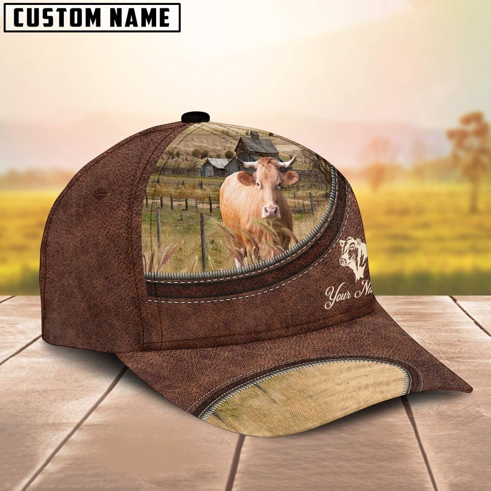 Adeenyc Gelbivieh On The Farm Customized Name Leather Pattern Cap, Farm Cap, Farmer Baseball Cap, Cow Cap, Cow Gift, Farm Animal Hat Trucker Hats Custom Hats Gifts For Men & Women