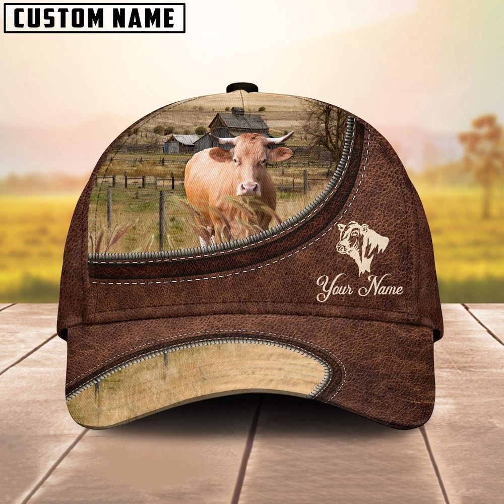 Adeenyc Gelbivieh On The Farm Customized Name Leather Pattern Cap, Farm Cap, Farmer Baseball Cap, Cow Cap, Cow Gift, Farm Animal Hat Trucker Hats Custom Hats Gifts For Men & Women