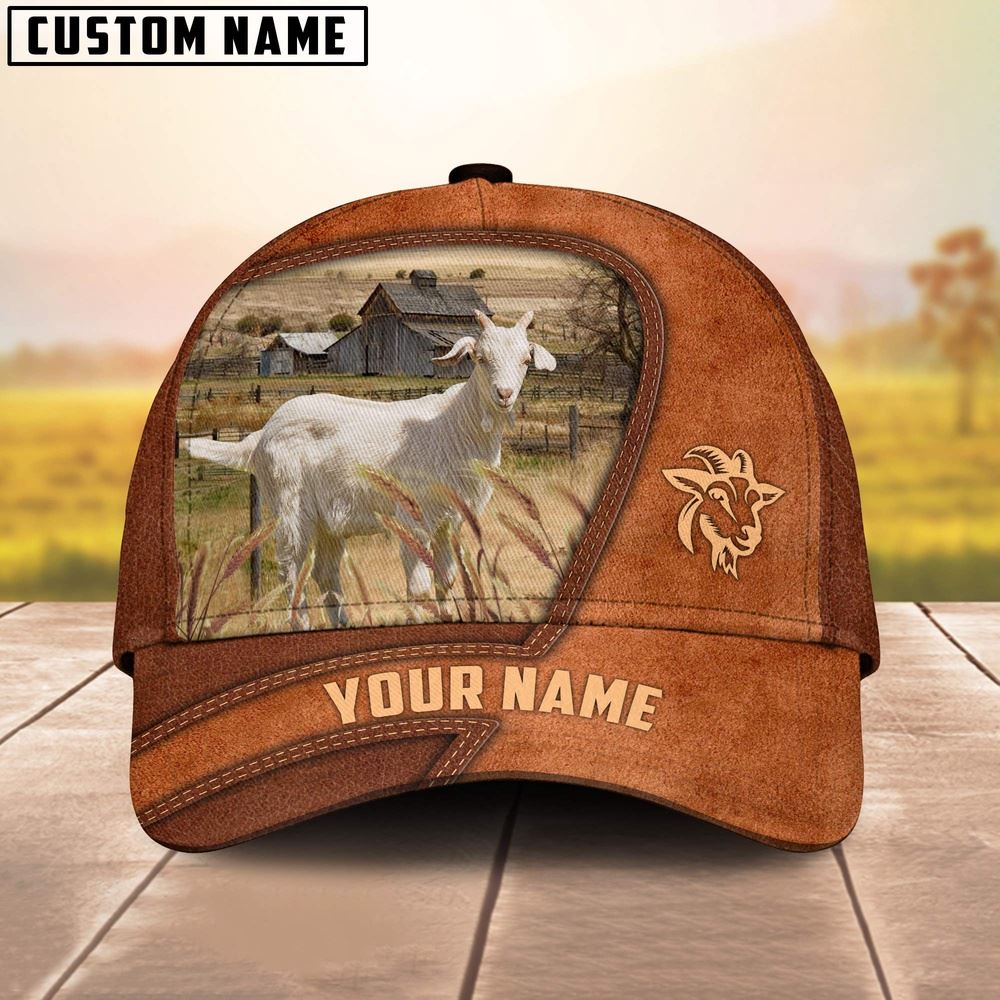 Adeenyc Goat Customized Name Brown Leather Pattern Cap, Farm Cap, Farmer Baseball Cap, Cow Cap, Cow Gift, Farm Animal Hat Trucker Hats Custom Hats Gifts For Men & Women