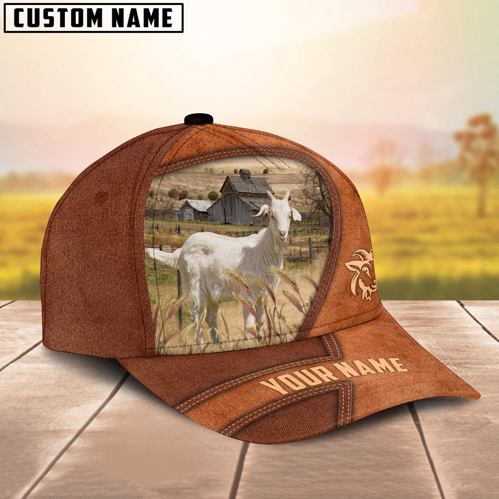 Adeenyc Goat Customized Name Brown Leather Pattern Cap, Farm Cap, Farmer Baseball Cap, Cow Cap, Cow Gift, Farm Animal Hat Trucker Hats Custom Hats Gifts For Men & Women
