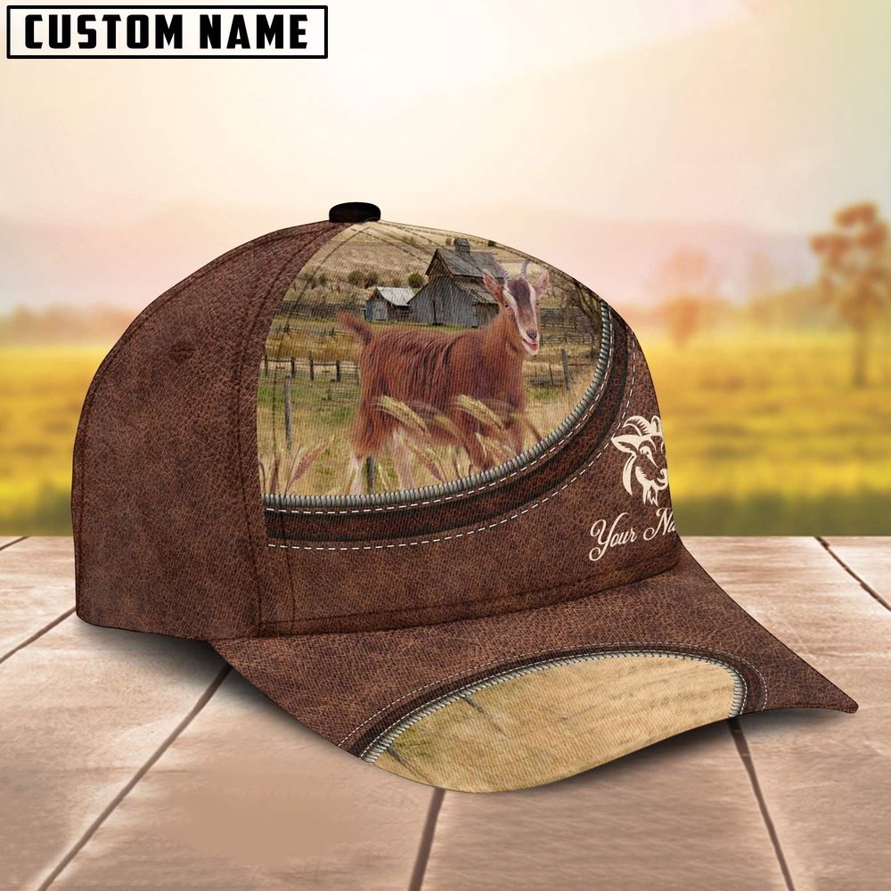 Adeenyc Goat On The Farm Customized Name Leather Pattern Cap, Farm Cap, Farmer Baseball Cap, Cow Cap, Cow Gift, Farm Animal Hat Trucker Hats Custom Hats Gifts For Men & Women