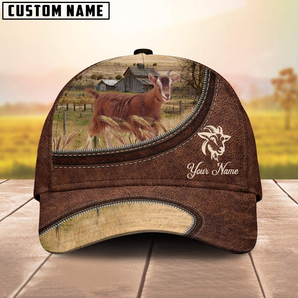 Adeenyc Goat On The Farm Customized Name Leather Pattern Cap, Farm Cap, Farmer Baseball Cap, Cow Cap, Cow Gift, Farm Animal Hat Trucker Hats Custom Hats Gifts For Men & Women