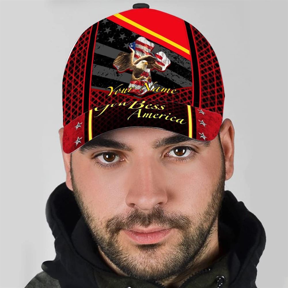 Adeenyc God Bless America Bald Eagle America Flag Custom Name Baseball Cap, Christian Baseball Cap, Religious Cap, Christian Hat Trucker Hats Custom Hats Gifts For Men & Women
