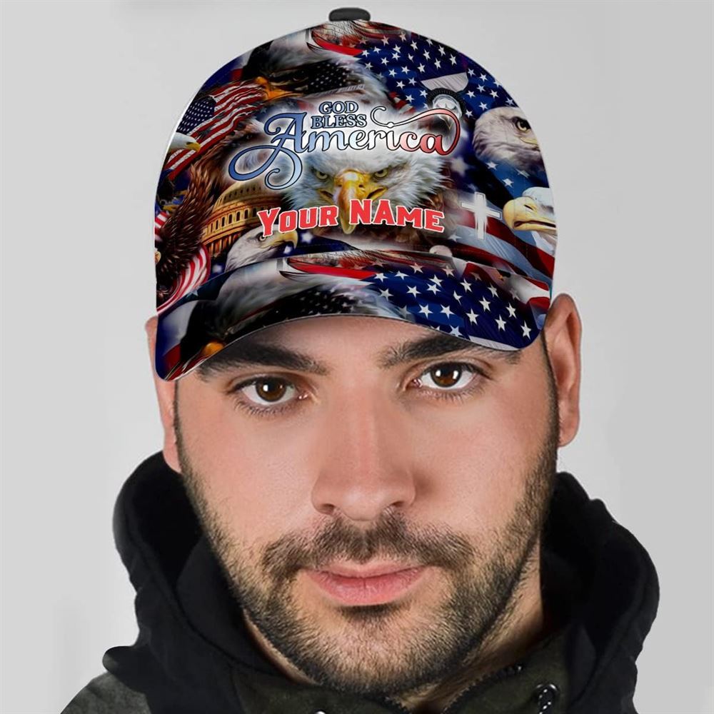 Adeenyc God Bless America Bald Eagles America Flag Custom Name Baseball Cap, Christian Baseball Cap, Religious Cap, Christian Hat Trucker Hats Custom Hats Gifts For Men & Women