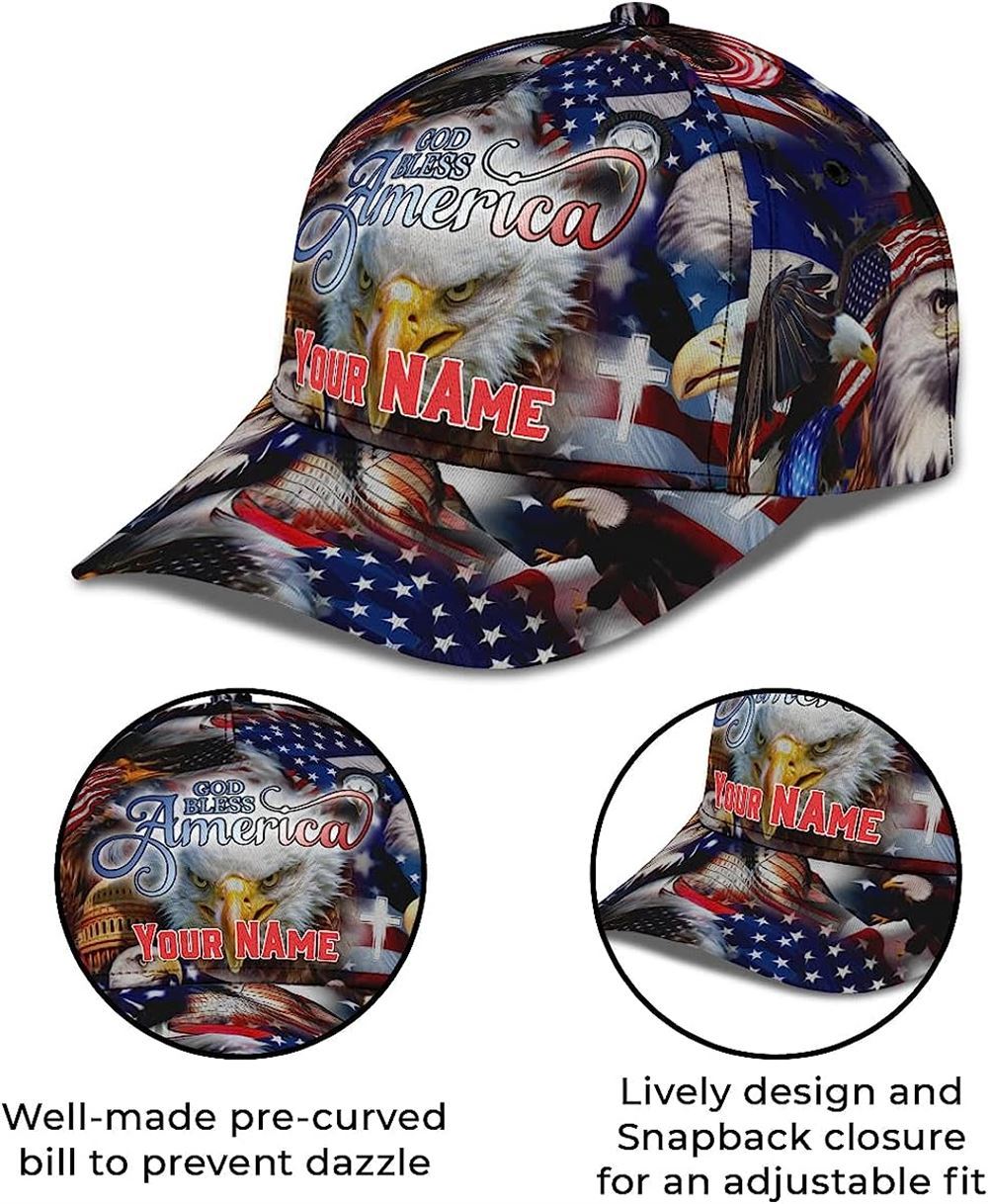 Adeenyc God Bless America Bald Eagles America Flag Custom Name Baseball Cap, Christian Baseball Cap, Religious Cap, Christian Hat Trucker Hats Custom Hats Gifts For Men & Women