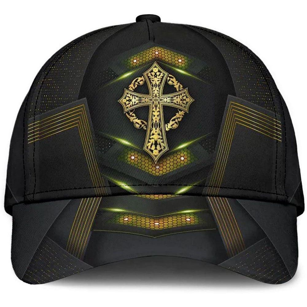 Adeenyc God Cross Metal Gold All Over Print Baseball Cap, God Baseball Cap, Christian Cap, Christian Hat Trucker Hats Custom Hats Gifts For Men & Women