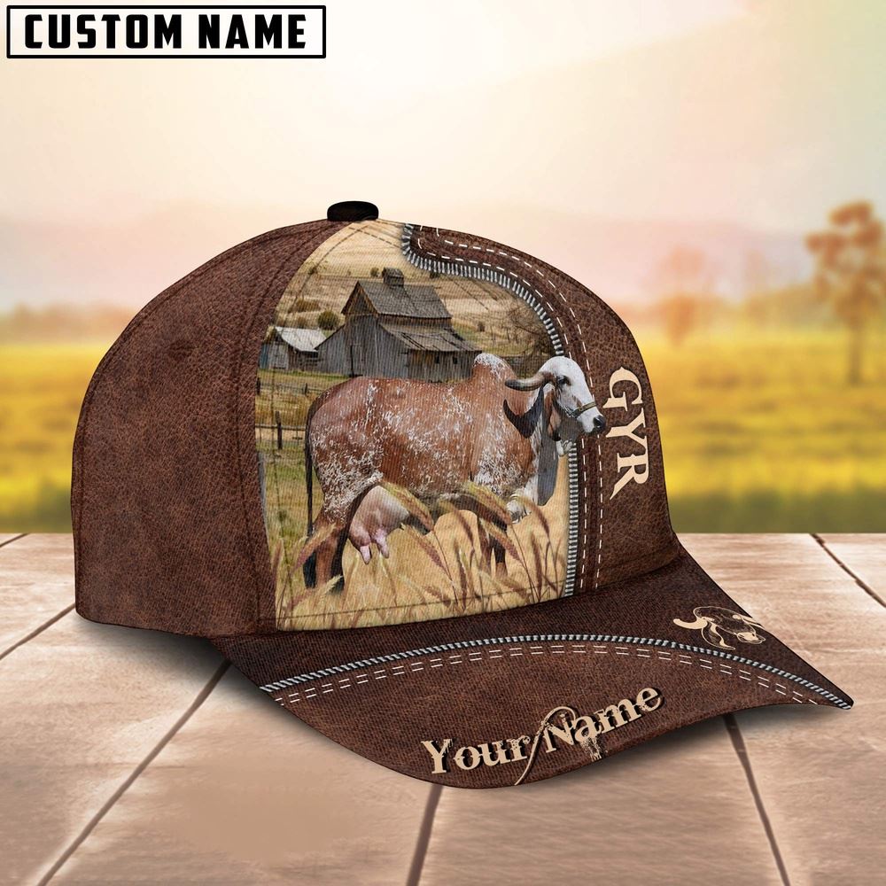 Adeenyc GYR Cattle Customized Name Leather Pattern Cap, Farm Cap, Farmer Baseball Cap, Cow Cap, Cow Gift, Farm Animal Hat Trucker Hats Custom Hats Gifts For Men & Women