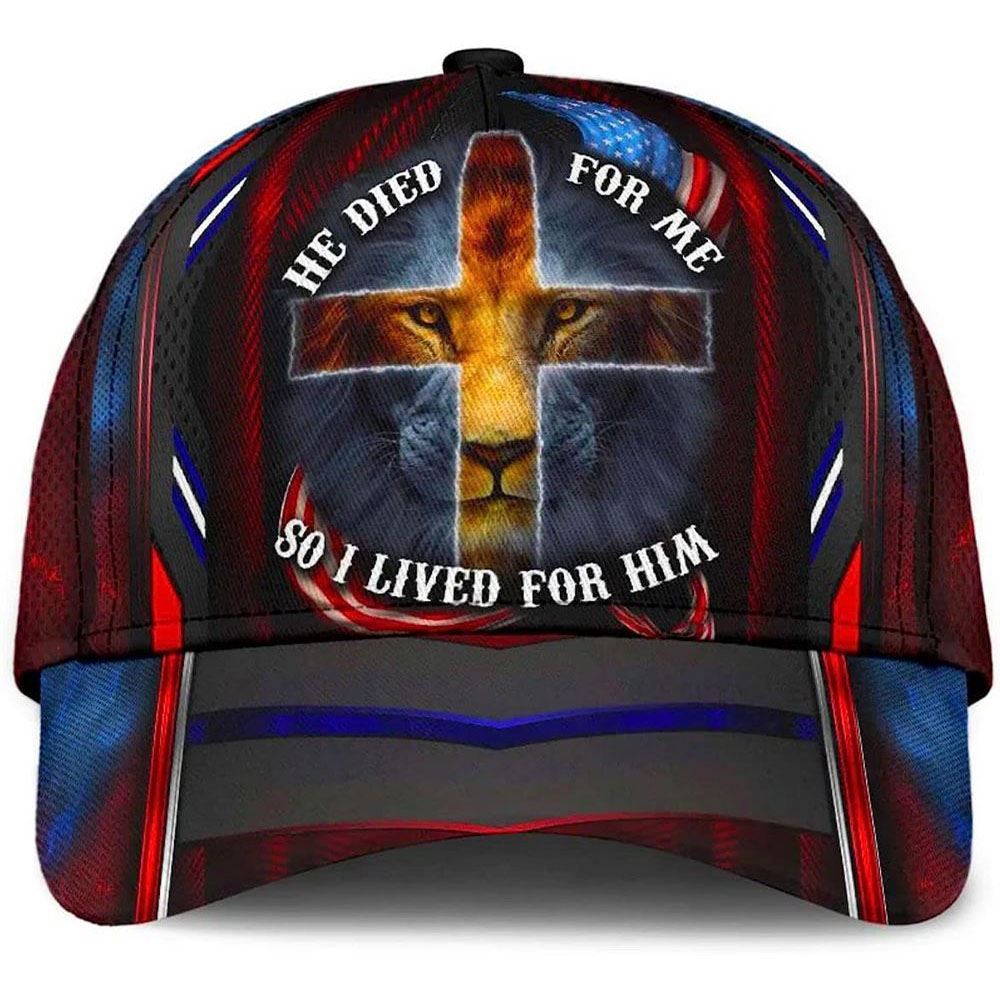 Adeenyc He Died For Me So I Live For Him Lion Cross All Over Print Baseball Cap, God Baseball Cap, Christian Cap, Christian Hat Trucker Hats Custom Hats Gifts For Men & Women