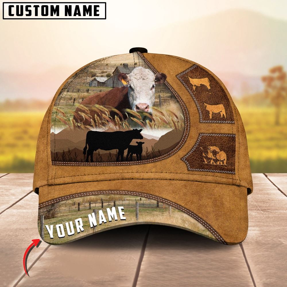 Adeenyc Hereford Art On Farm Yellow Leather Pattern Customized 3D Cap, Farm Cap, Farmer Baseball Cap, Cow Cap, Cow Gift, Farm Animal Hat Trucker Hats Custom Hats Gifts For Men & Women