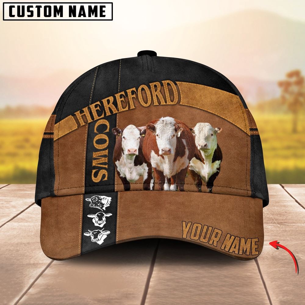 Adeenyc Hereford Black Traffic Line Leather Pattern Customized 3D Cap, Farm Cap, Farmer Baseball Cap, Cow Cap, Cow Gift, Farm Animal Hat Trucker Hats Custom Hats Gifts For Men & Women