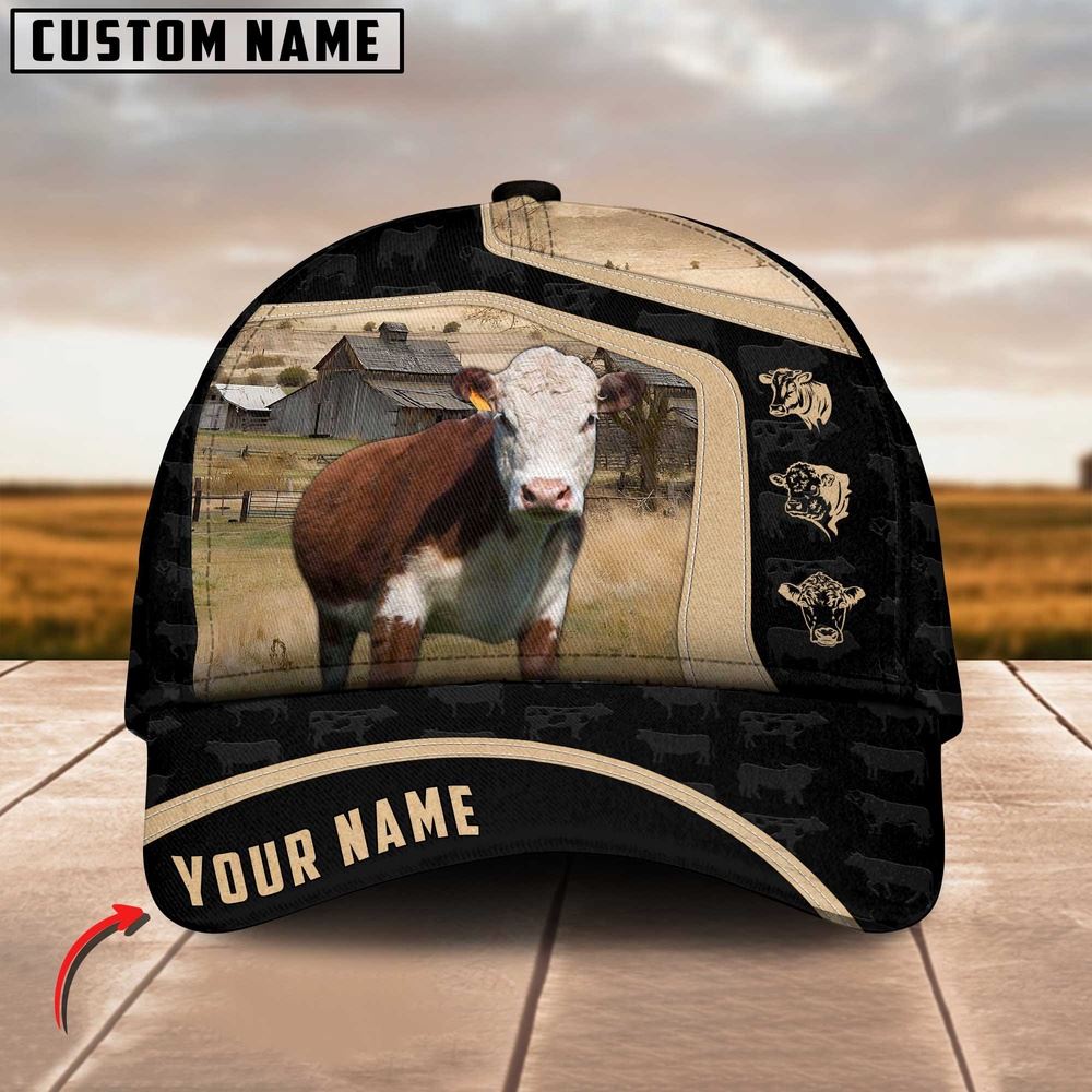 Adeenyc Hereford Cattle Black Yellow Pattern Customized Name Cap, Farm Cap, Farmer Baseball Cap, Cow Cap, Cow Gift, Farm Animal Hat Trucker Hats Custom Hats Gifts For Men & Women