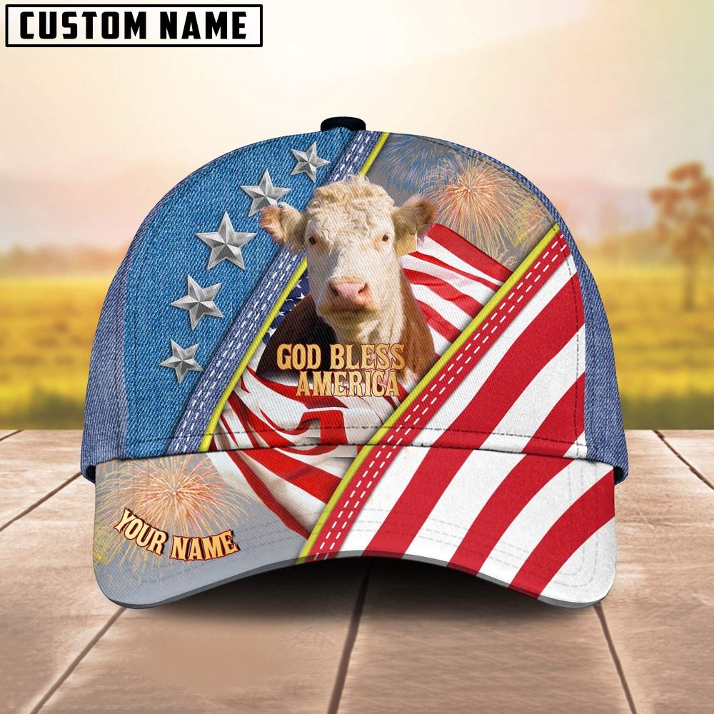 Adeenyc Hereford Cattle Blue Denim Pattern Customized Name Cap, Farm Cap, Farmer Baseball Cap, Cow Cap, Cow Gift, Farm Animal Hat Trucker Hats Custom Hats Gifts For Men & Women