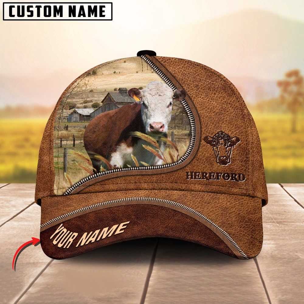 Adeenyc Hereford Cattle Brown Leather Zip Pattern Customized Name Cap, Farm Cap, Farmer Baseball Cap, Cow Cap, Cow Gift, Farm Animal Hat Trucker Hats Custom Hats Gifts For Men & Women