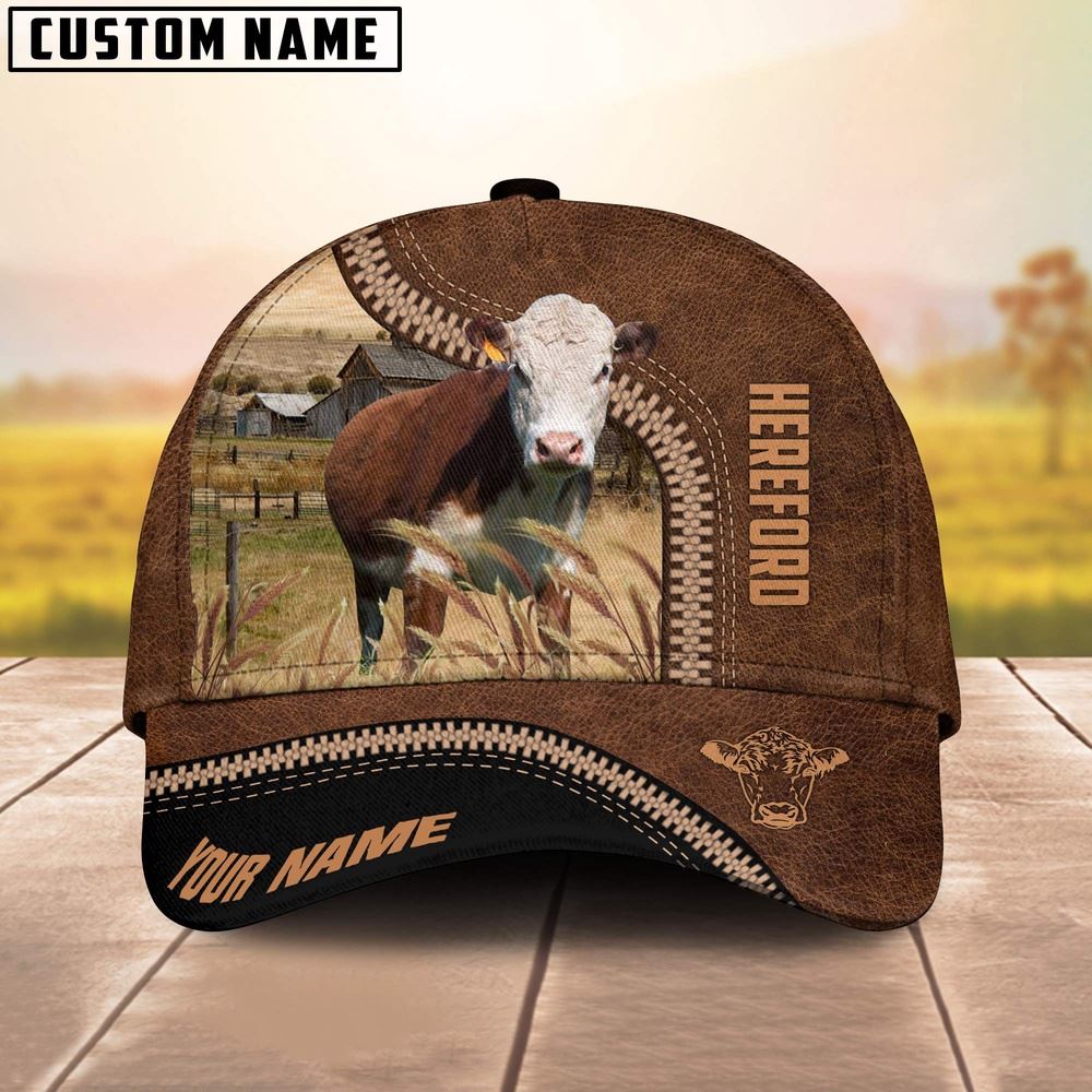Adeenyc Hereford Cattle Customized Name 3D Printed Cap, Farm Cap, Farmer Baseball Cap, Cow Cap, Cow Gift, Farm Animal Hat Trucker Hats Custom Hats Gifts For Men & Women