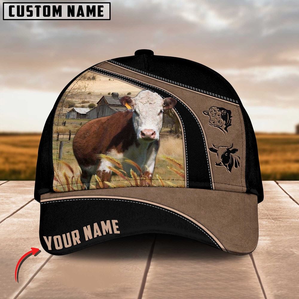 Adeenyc Hereford Cattle Customized Name Black Brown Cap, Farm Cap, Farmer Baseball Cap, Cow Cap, Cow Gift, Farm Animal Hat Trucker Hats Custom Hats Gifts For Men & Women