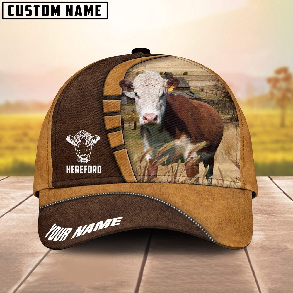 Adeenyc Hereford Cattle Customized Name Brown 3D Cap, Farm Cap, Farmer Baseball Cap, Cow Cap, Cow Gift, Farm Animal Hat Trucker Hats Custom Hats Gifts For Men & Women