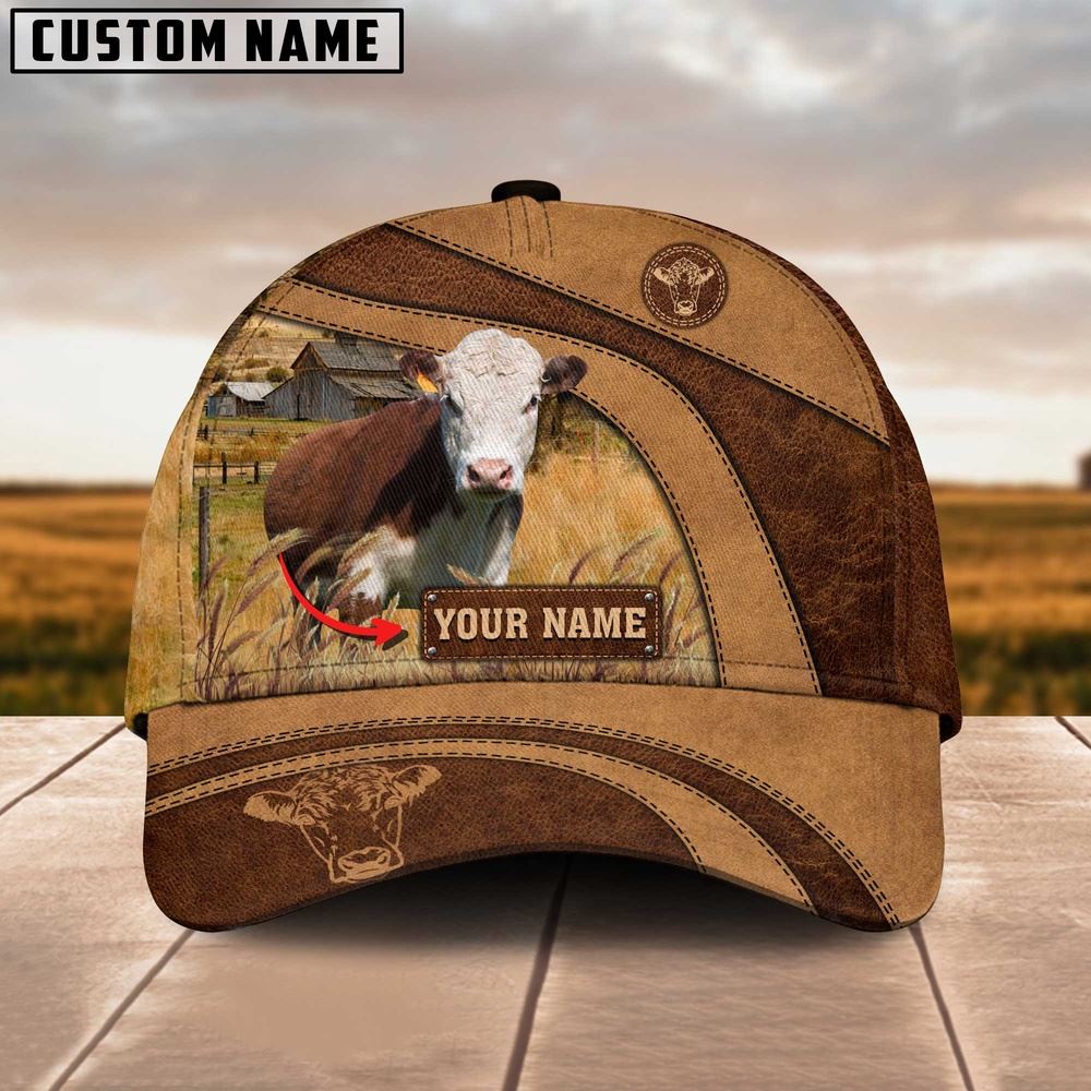 Adeenyc Hereford Cattle Customized Name Brown Cap, Farm Cap, Farmer Baseball Cap, Cow Cap, Cow Gift, Farm Animal Hat Trucker Hats Custom Hats Gifts For Men & Women