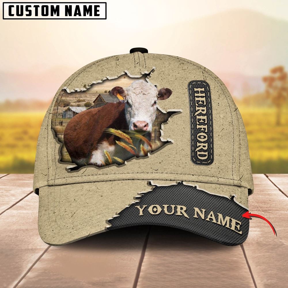 Adeenyc Hereford Cattle Customized Name Khaki Leather Pattern Cap, Farm Cap, Farmer Baseball Cap, Cow Cap, Cow Gift, Farm Animal Hat Trucker Hats Custom Hats Gifts For Men & Women