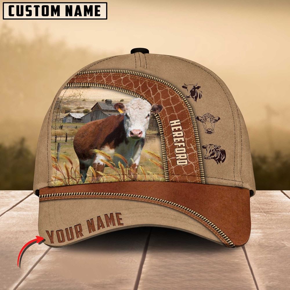 Adeenyc Hereford Cattle Customized Name Light Brown Cap, Farm Cap, Farmer Baseball Cap, Cow Cap, Cow Gift, Farm Animal Hat Trucker Hats Custom Hats Gifts For Men & Women