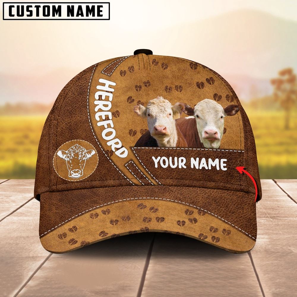 Adeenyc Hereford Cattle Happiness Brown Yellow Customized Name Cap, Farm Cap, Farmer Baseball Cap, Cow Cap, Cow Gift, Farm Animal Hat Trucker Hats Custom Hats Gifts For Men & Women
