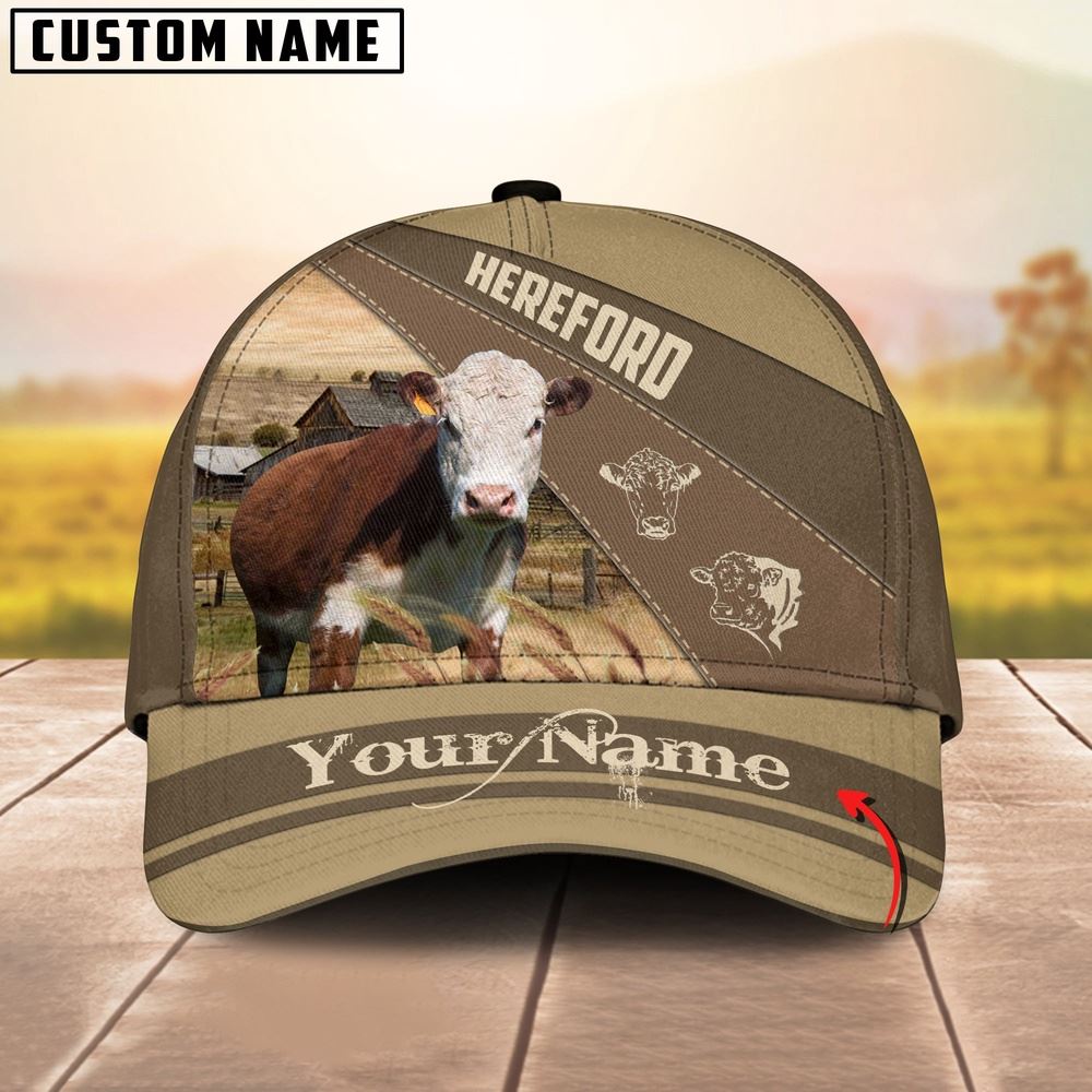 Adeenyc Hereford Cattle Khaki Pattern Customized Name Cap, Farm Cap, Farmer Baseball Cap, Cow Cap, Cow Gift, Farm Animal Hat Trucker Hats Custom Hats Gifts For Men & Women