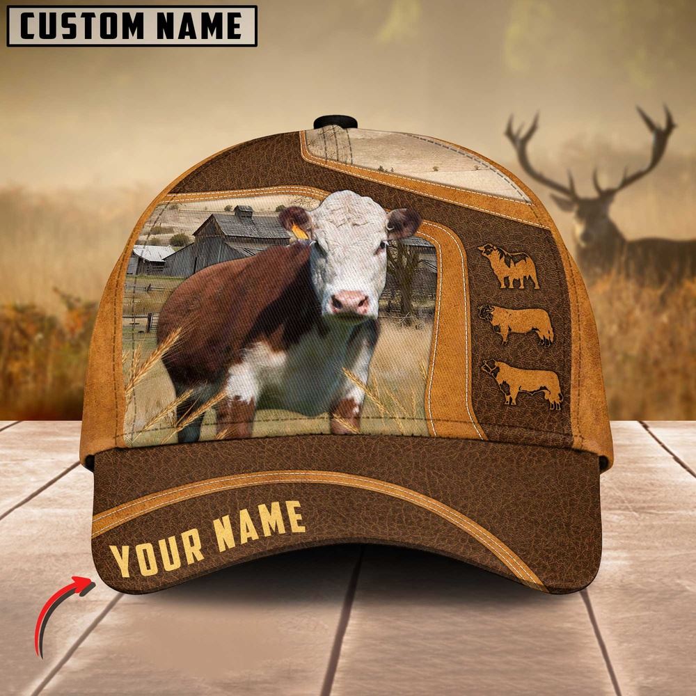 Adeenyc Hereford Cattle Leather Pattern Customized Name Cap, Farm Cap, Farmer Baseball Cap, Cow Cap, Cow Gift, Farm Animal Hat Trucker Hats Custom Hats Gifts For Men & Women