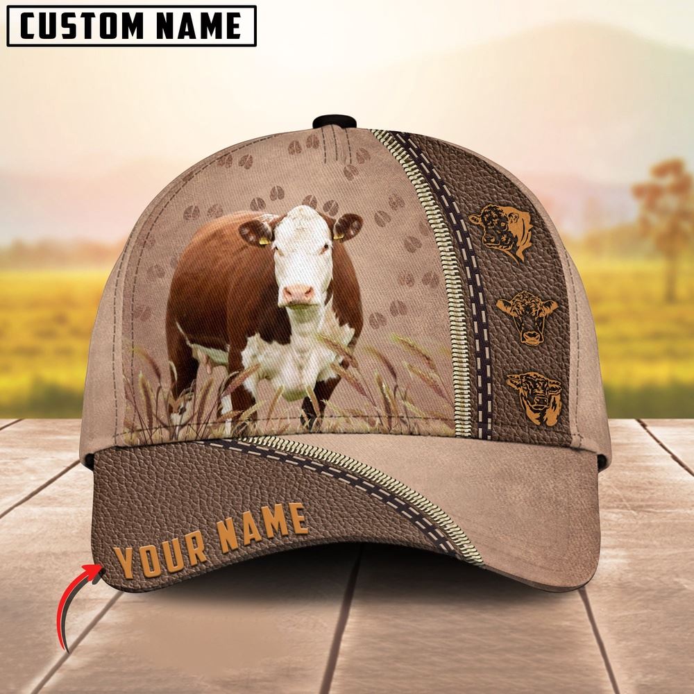 Adeenyc Hereford Cattle Personalized Name Brown Leather Pattern Cap, Farm Cap, Farmer Baseball Cap, Cow Cap, Cow Gift, Farm Animal Hat Trucker Hats Custom Hats Gifts For Men & Women