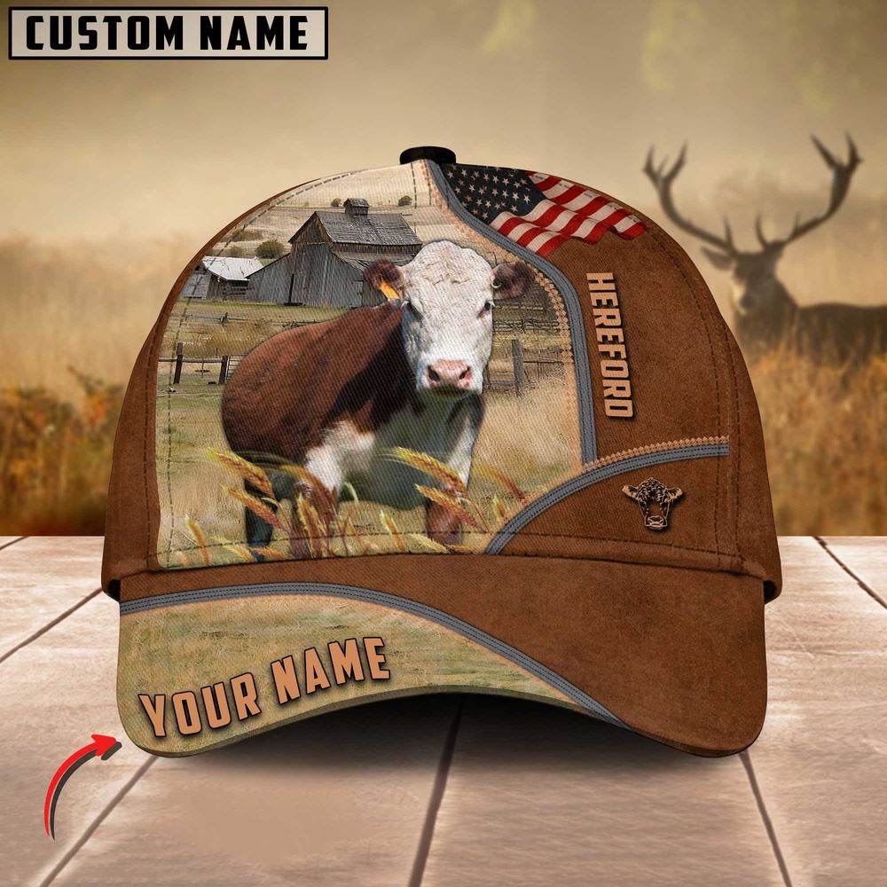Adeenyc Hereford Cattle US Flag Customized Name Brown Cap, Farm Cap, Farmer Baseball Cap, Cow Cap, Cow Gift, Farm Animal Hat Trucker Hats Custom Hats Gifts For Men & Women