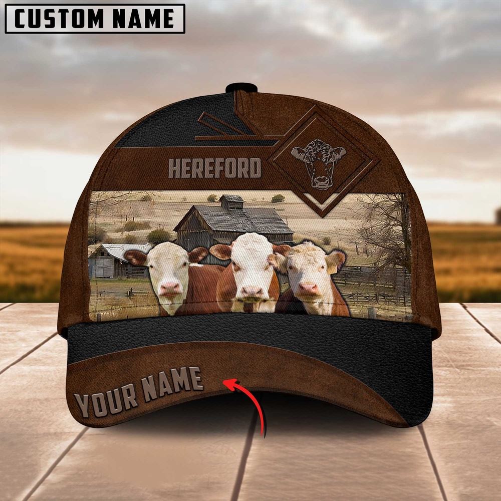 Adeenyc Hereford Custom Name Brown Leather Pattern Cap, Farm Cap, Farmer Baseball Cap, Cow Cap, Cow Gift, Farm Animal Hat Trucker Hats Custom Hats Gifts For Men & Women