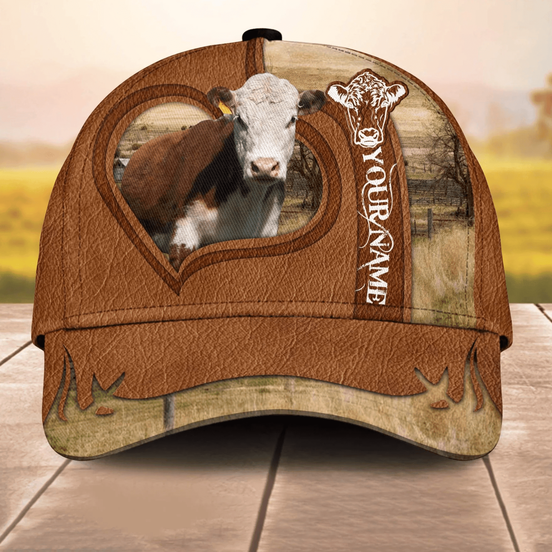 Adeenyc Hereford Custom Name Heart 3D Cap 3D All Over Print Baseball Cap, Cap For Farm Lovers, Animal Cap, Leather Pattern Cap Trucker Hats Custom Hats Gifts For Men & Women