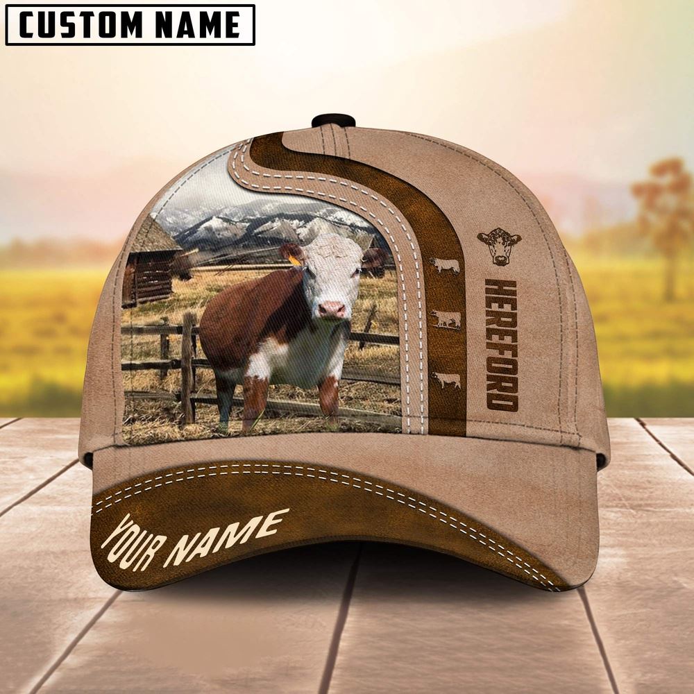 Adeenyc Hereford Custom Name Light Brown Cap, Farm Cap, Farmer Baseball Cap, Cow Cap, Cow Gift, Farm Animal Hat Trucker Hats Custom Hats Gifts For Men & Women
