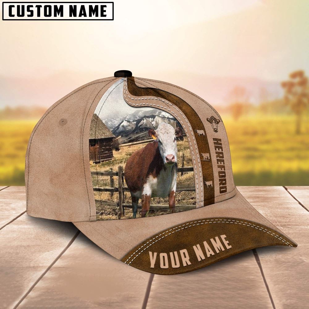 Adeenyc Hereford Custom Name Light Brown Cap, Farm Cap, Farmer Baseball Cap, Cow Cap, Cow Gift, Farm Animal Hat Trucker Hats Custom Hats Gifts For Men & Women
